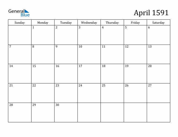 April 1591 Calendar