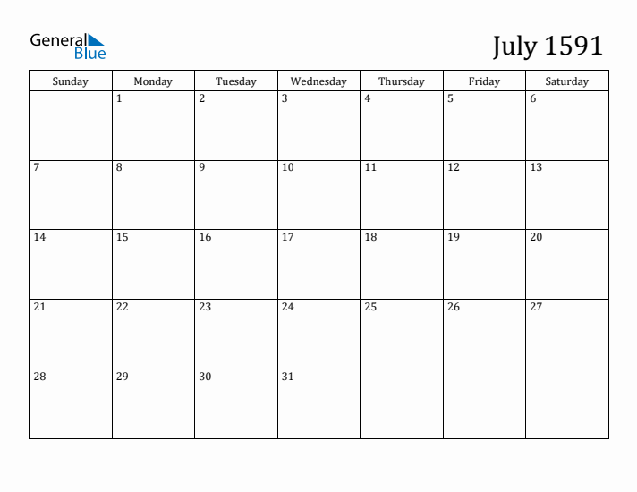 July 1591 Calendar