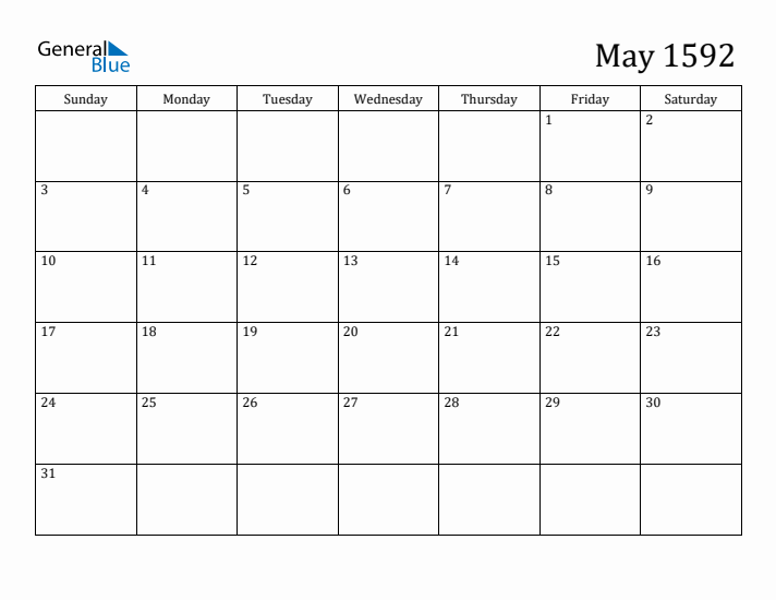 May 1592 Calendar