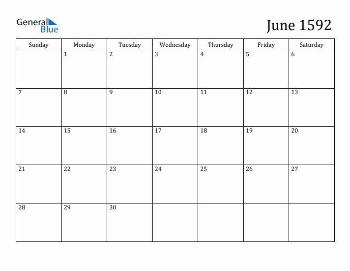 June 1592 Calendar