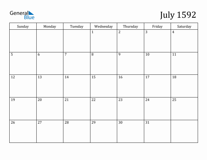 July 1592 Calendar