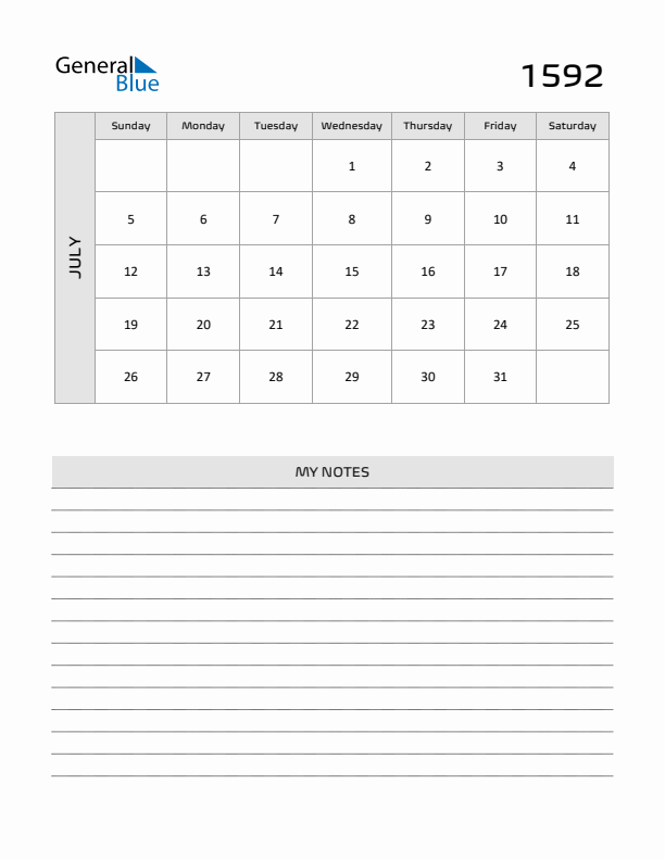 July 1592 Calendar Printable