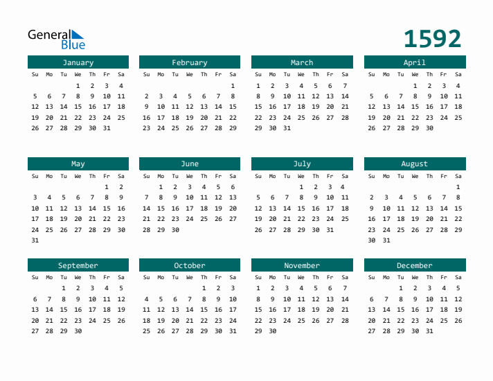 Downloadable 1592 Calendar