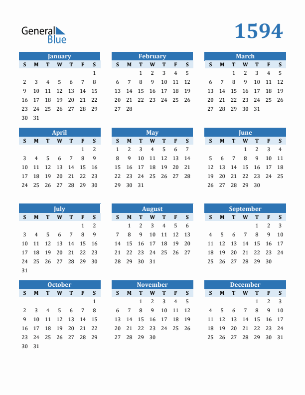 1594 Year Calendar with Sunday Start