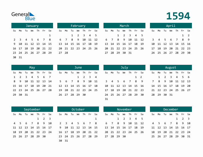 Downloadable 1594 Calendar