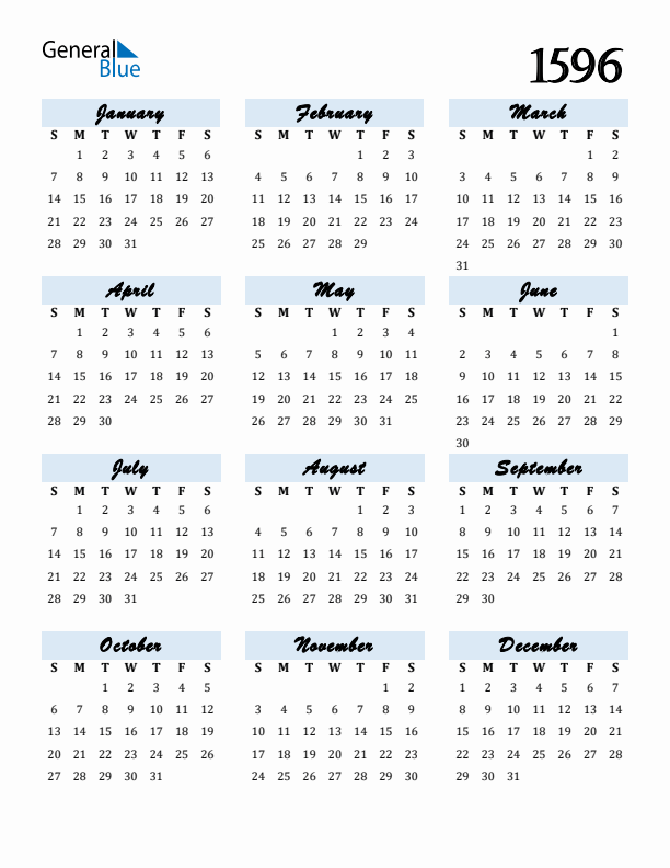 Calendar 1596 Free Download and Print