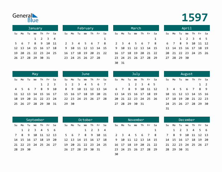 Downloadable 1597 Calendar