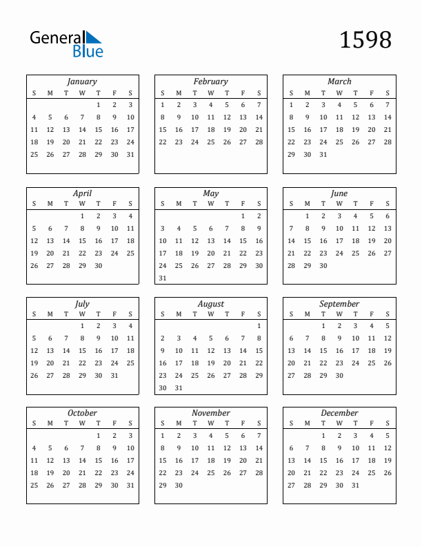 Blank Calendar 1598