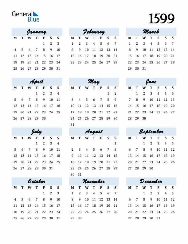 Calendar 1599 Free Download and Print