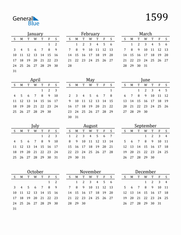 Free Printable Calendar 1599 with Sunday Start