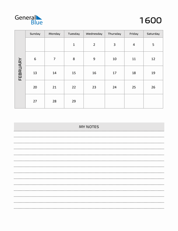 February 1600 Calendar Printable