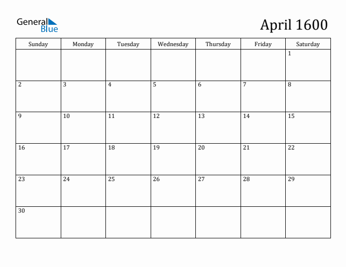 April 1600 Calendar