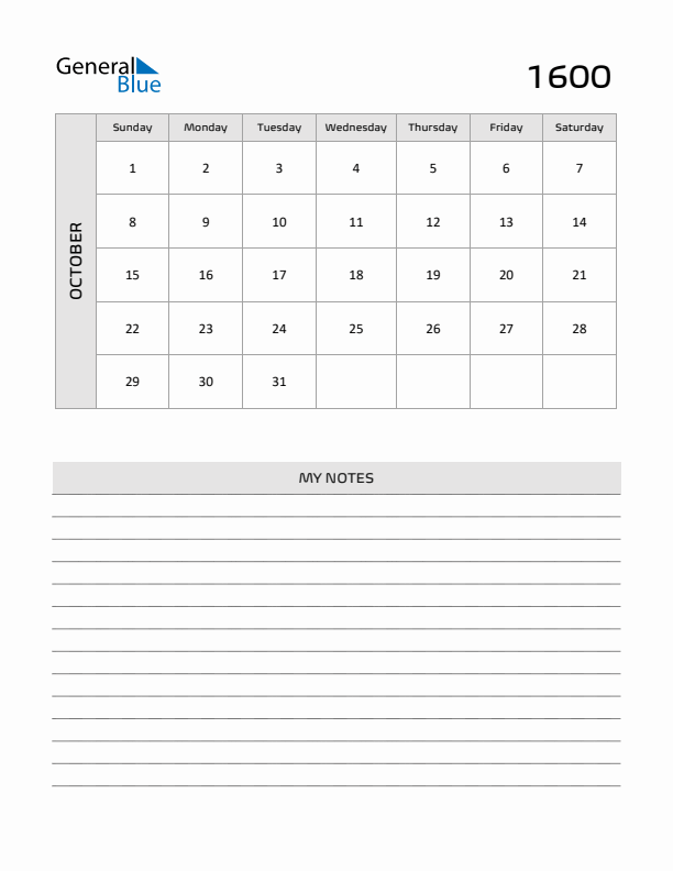 October 1600 Calendar Printable