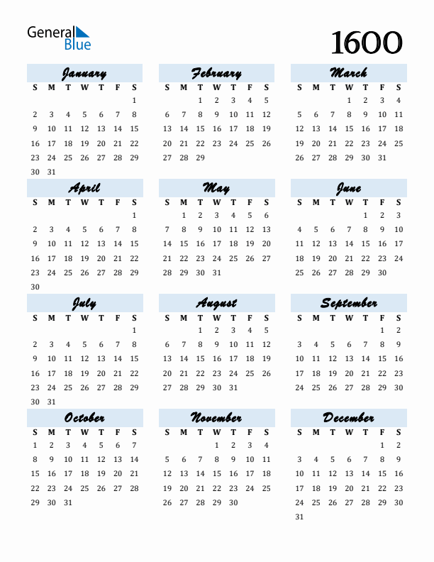 Calendar 1600 Free Download and Print