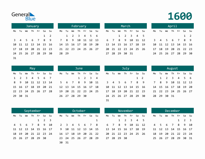 Downloadable 1600 Calendar