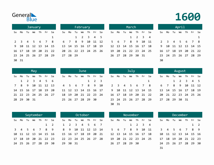 Downloadable 1600 Calendar