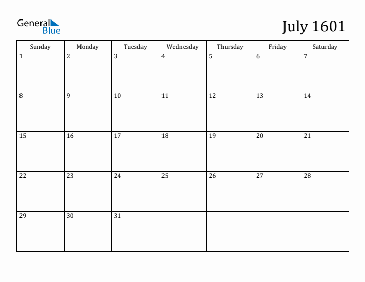 July 1601 Calendar