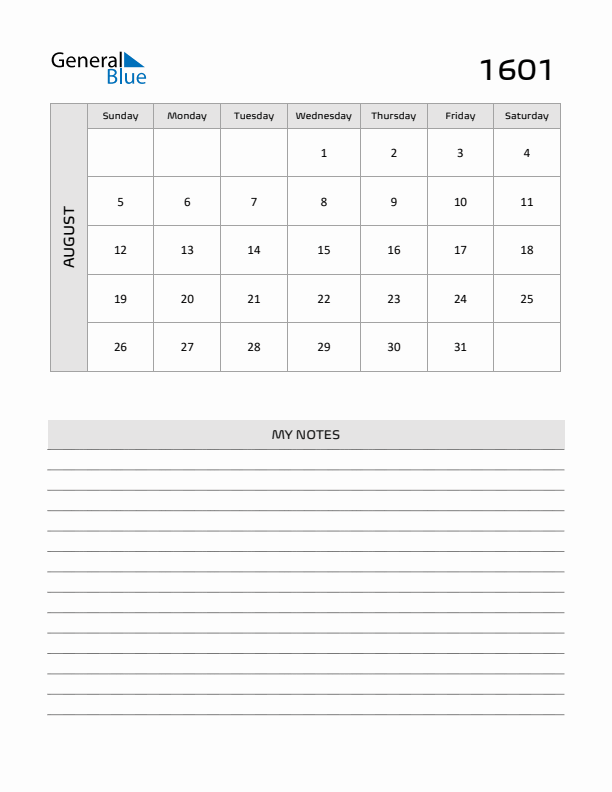 August 1601 Calendar Printable