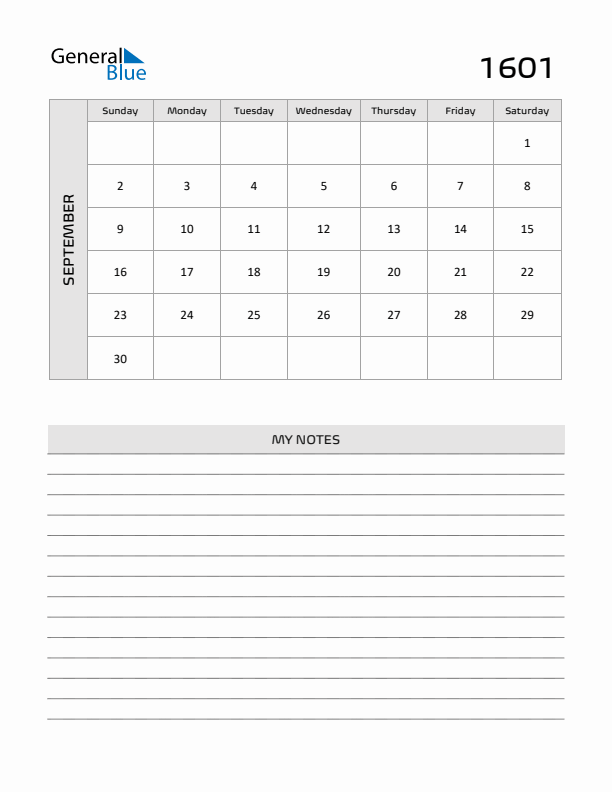 September 1601 Calendar Printable