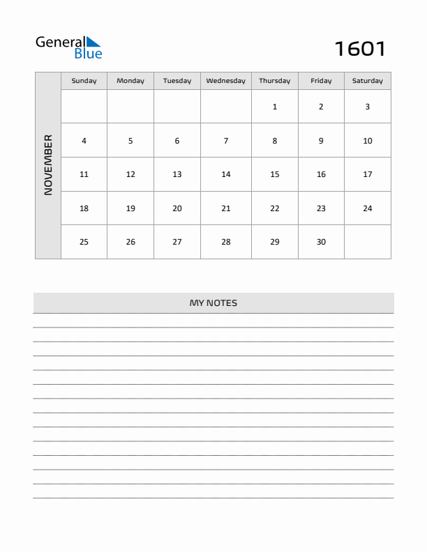 November 1601 Calendar Printable