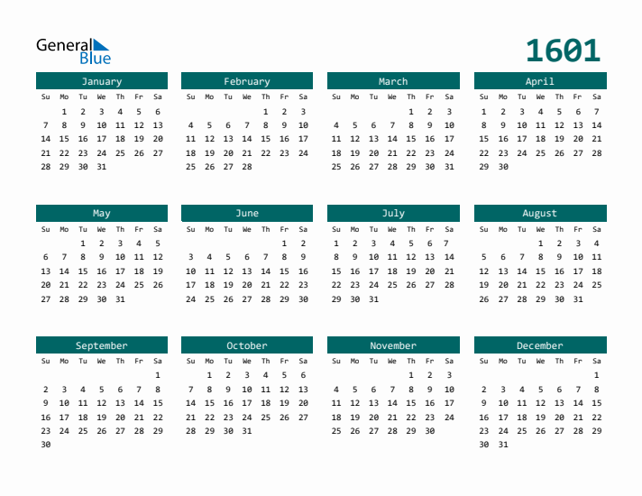 Downloadable 1601 Calendar