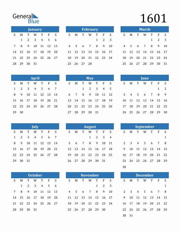 1601 Calendar