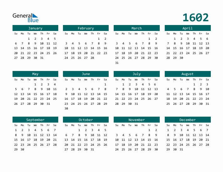 Downloadable 1602 Calendar