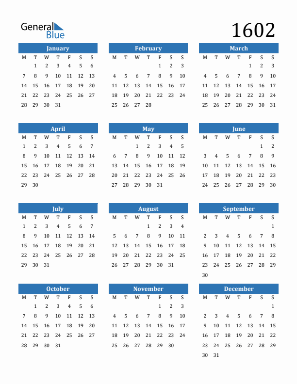 1602 Calendar