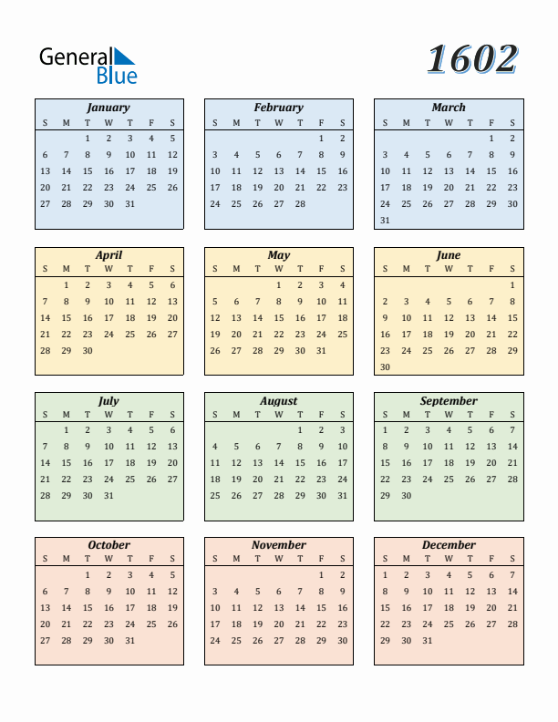 Calendar for 1602 (Sunday Start)