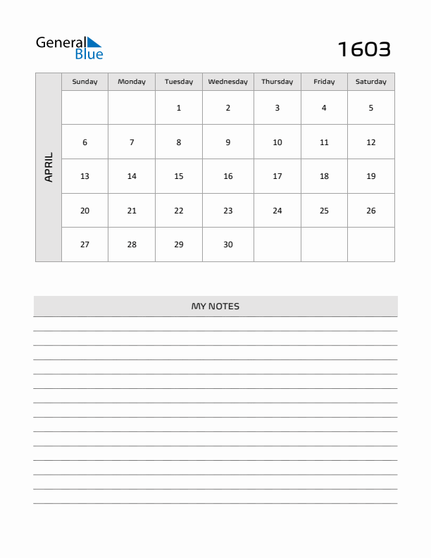 April 1603 Calendar Printable