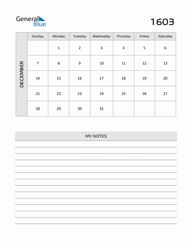 December 1603 Calendar Printable