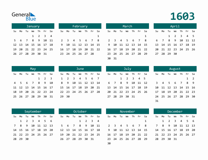 Downloadable 1603 Calendar