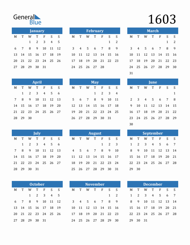 1603 Calendar