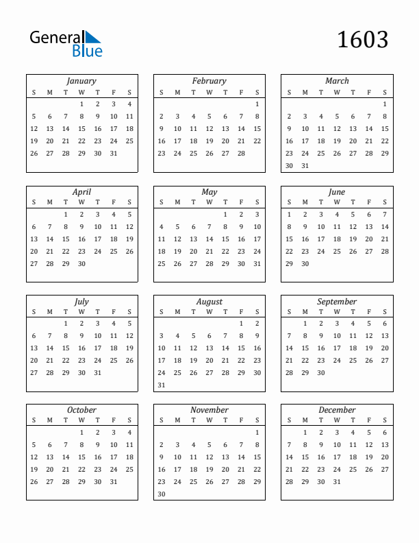 Blank Calendar 1603