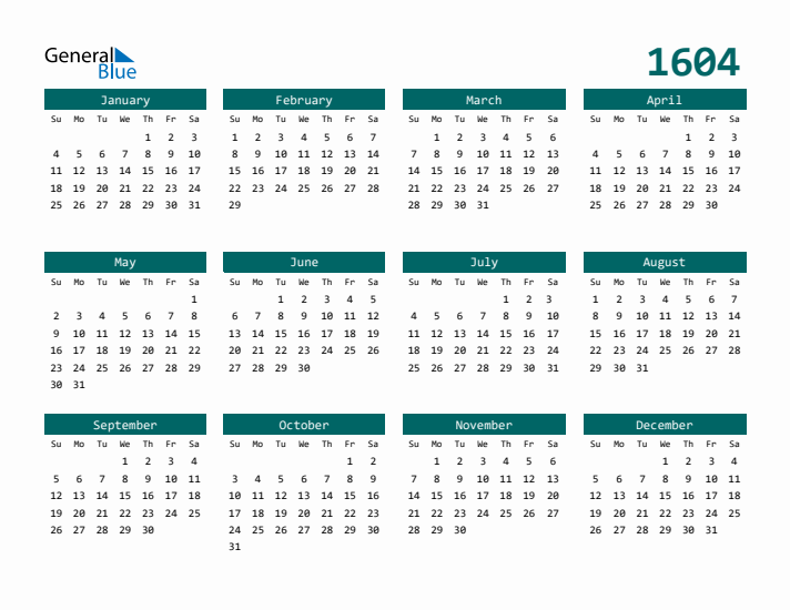 Downloadable 1604 Calendar