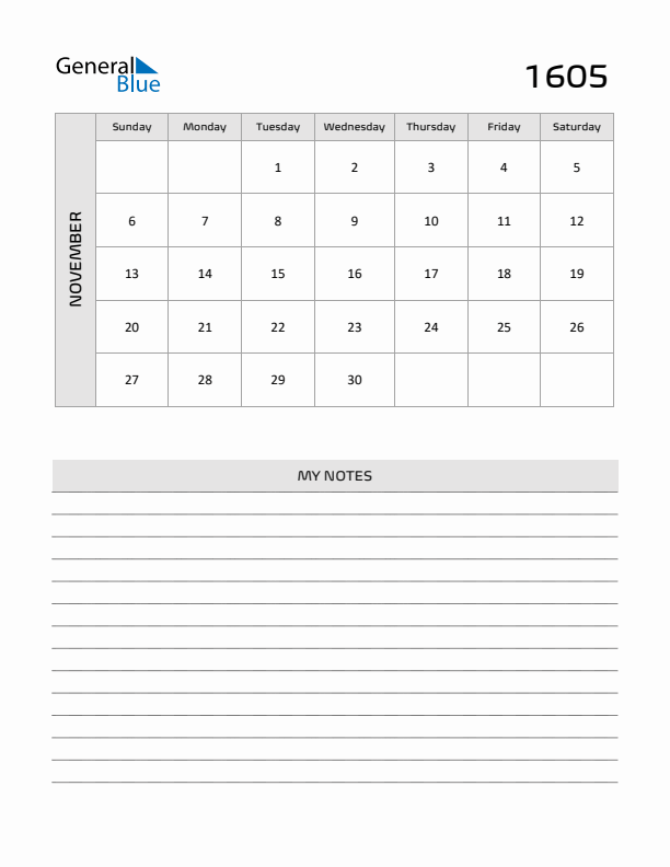 November 1605 Calendar Printable