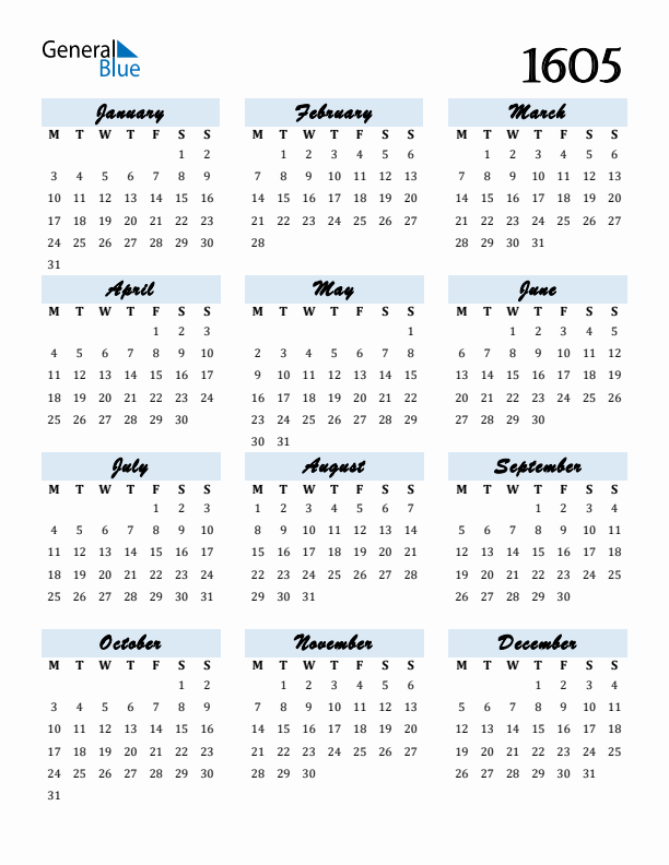 Calendar 1605 Free Download and Print