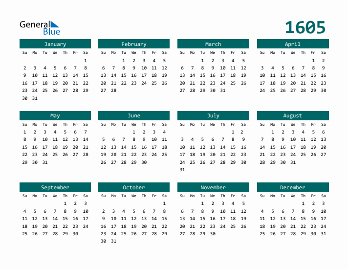 Downloadable 1605 Calendar