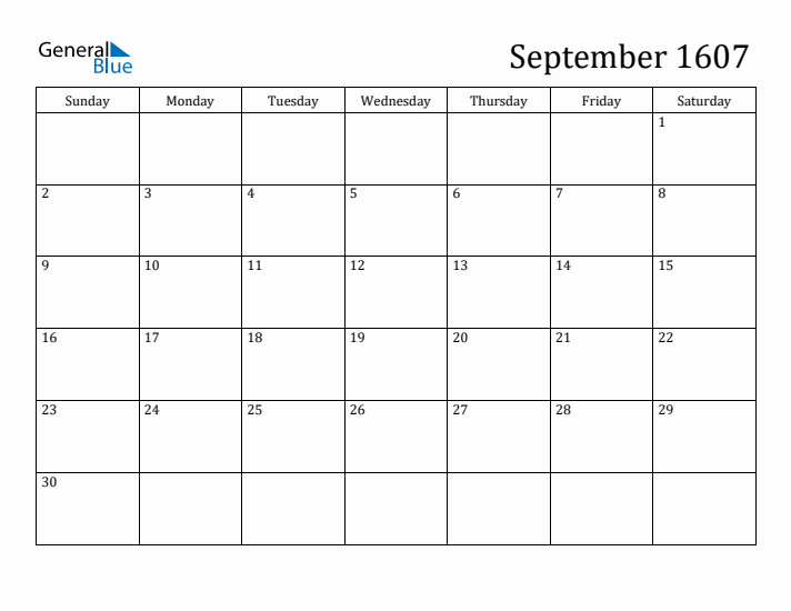 September 1607 Calendar