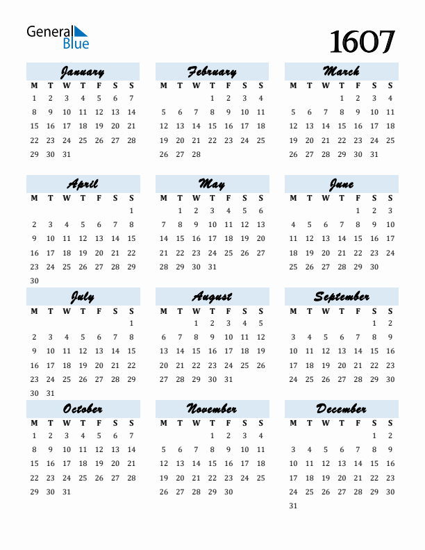 Calendar 1607 Free Download and Print