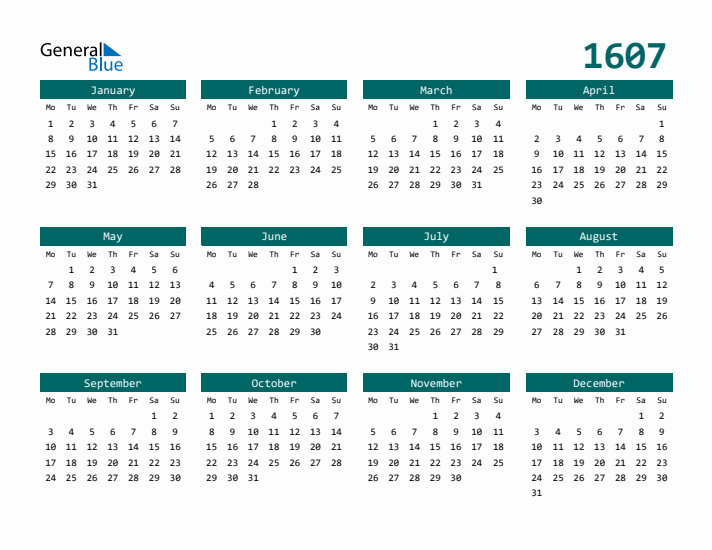 Downloadable 1607 Calendar