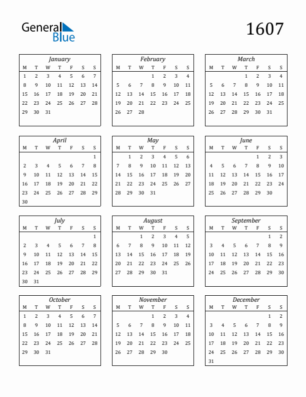 Blank Calendar 1607