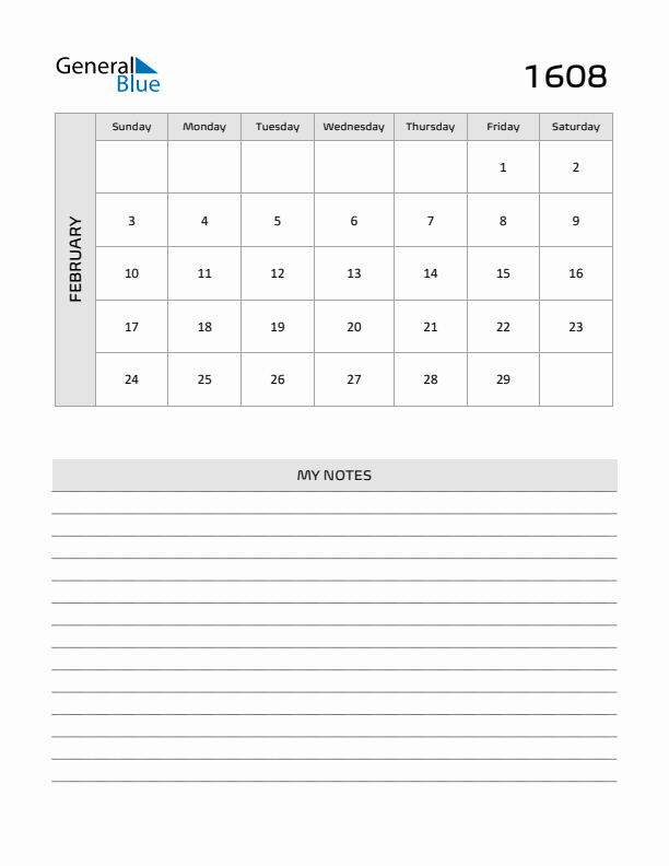 February 1608 Calendar Printable