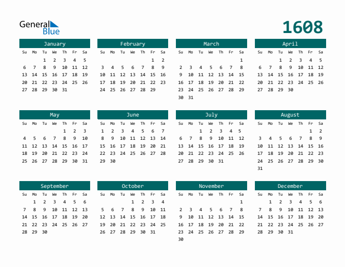 Downloadable 1608 Calendar