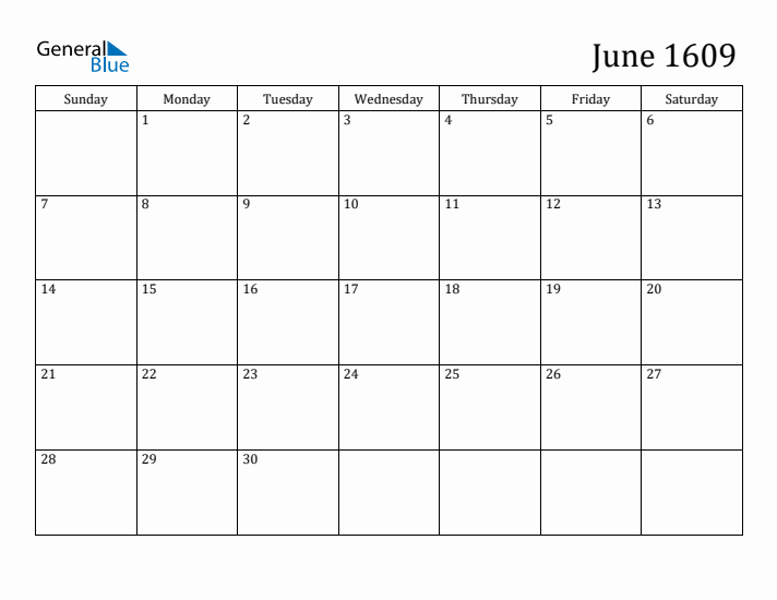 June 1609 Calendar