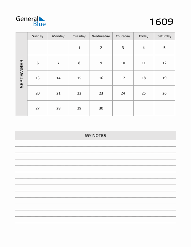 September 1609 Calendar Printable