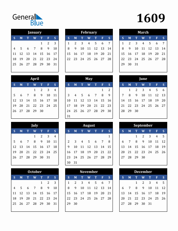 Editable Calendar 1609 - Sunday Start