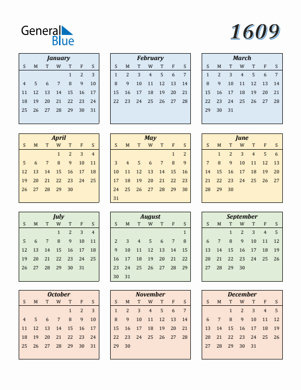 Calendar for 1609 (Sunday Start)