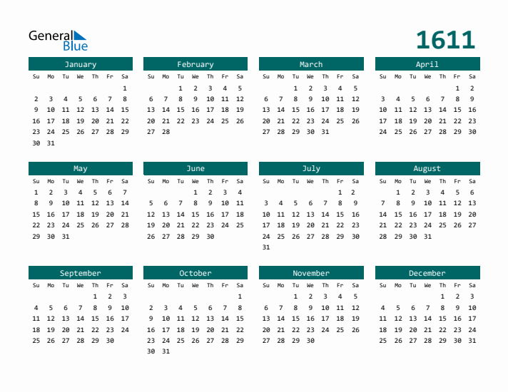 Downloadable 1611 Calendar