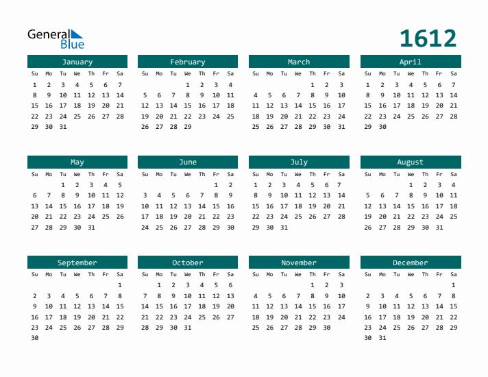 Downloadable 1612 Calendar